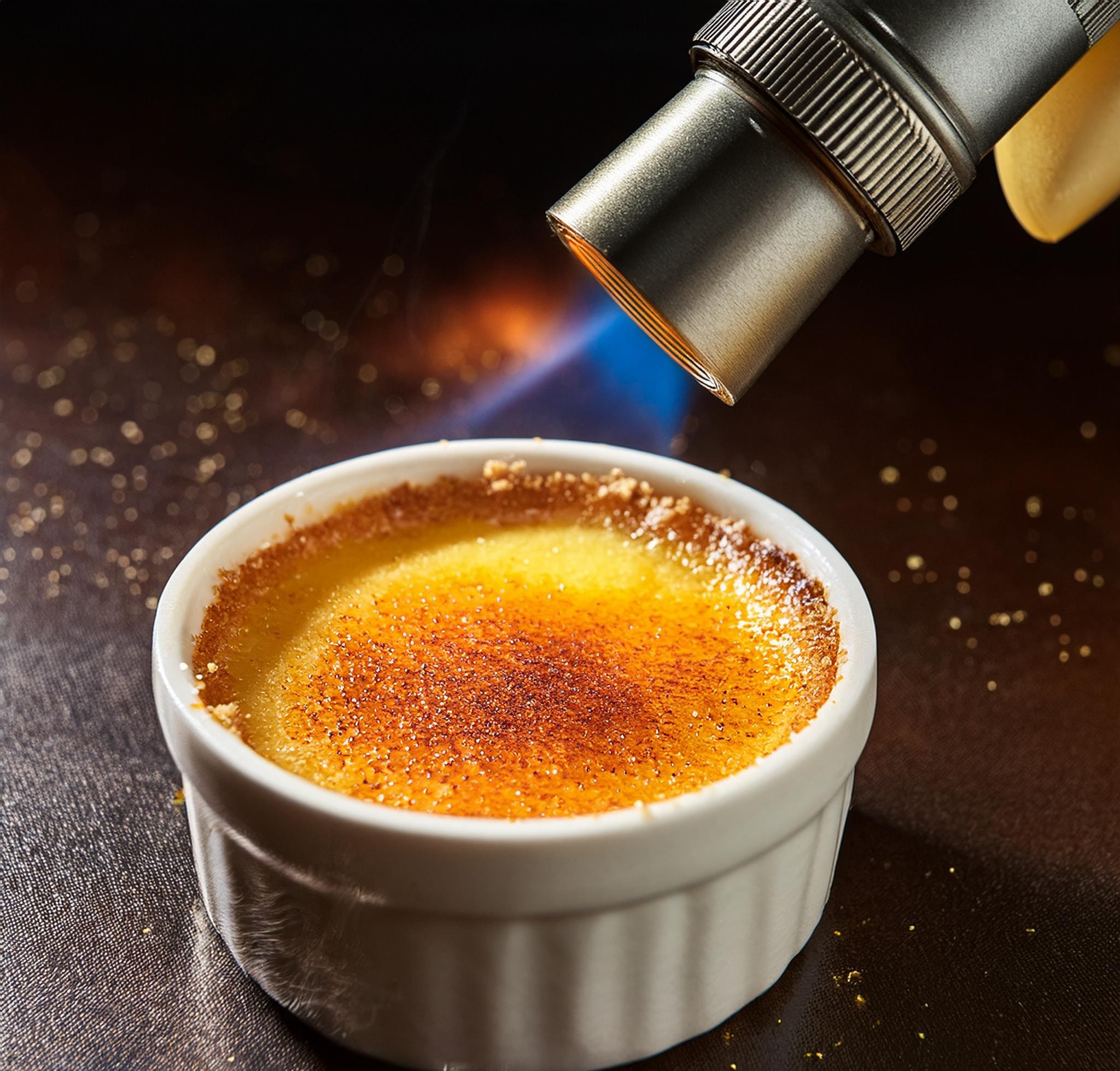 Crab Brulee Recipe: A Delicious Seafood Twist A close-up of a kitchen torch caramelizing sugar on the brulee, creating a golden, crispy layer