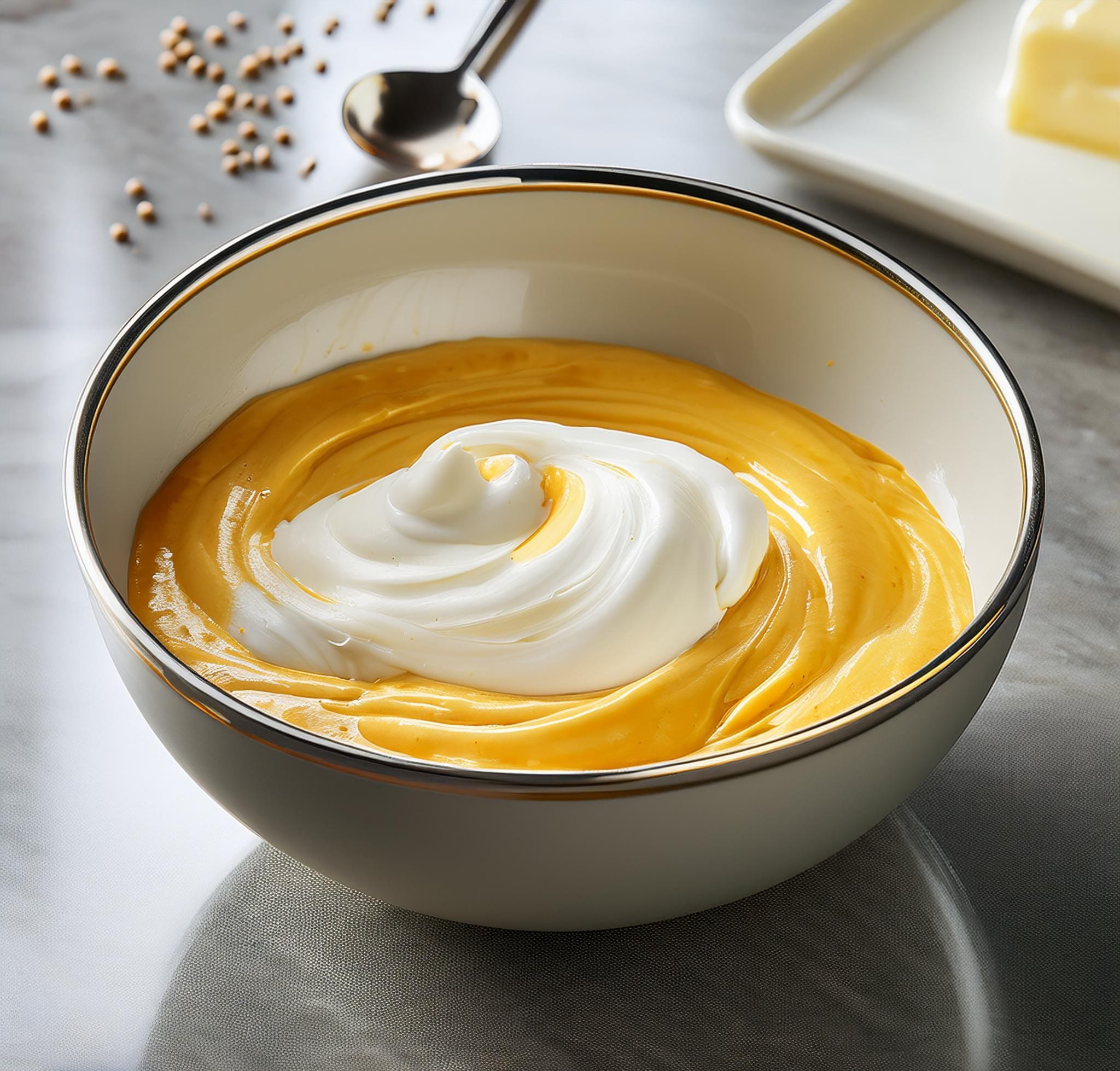Crab Brulee Recipe: A Delicious Seafood Twist A close-up of a mixing bowl with whisked egg yolks, cream, and mustard, placed on a marble countertop in a modern kitchen