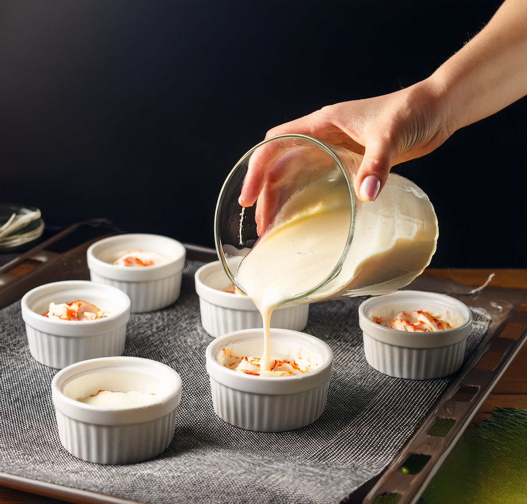 Crab Brulee Recipe: A Delicious Seafood Twist A person carefully pouring crab and cream mixture into individual white ramekins, placed on a baking sheet