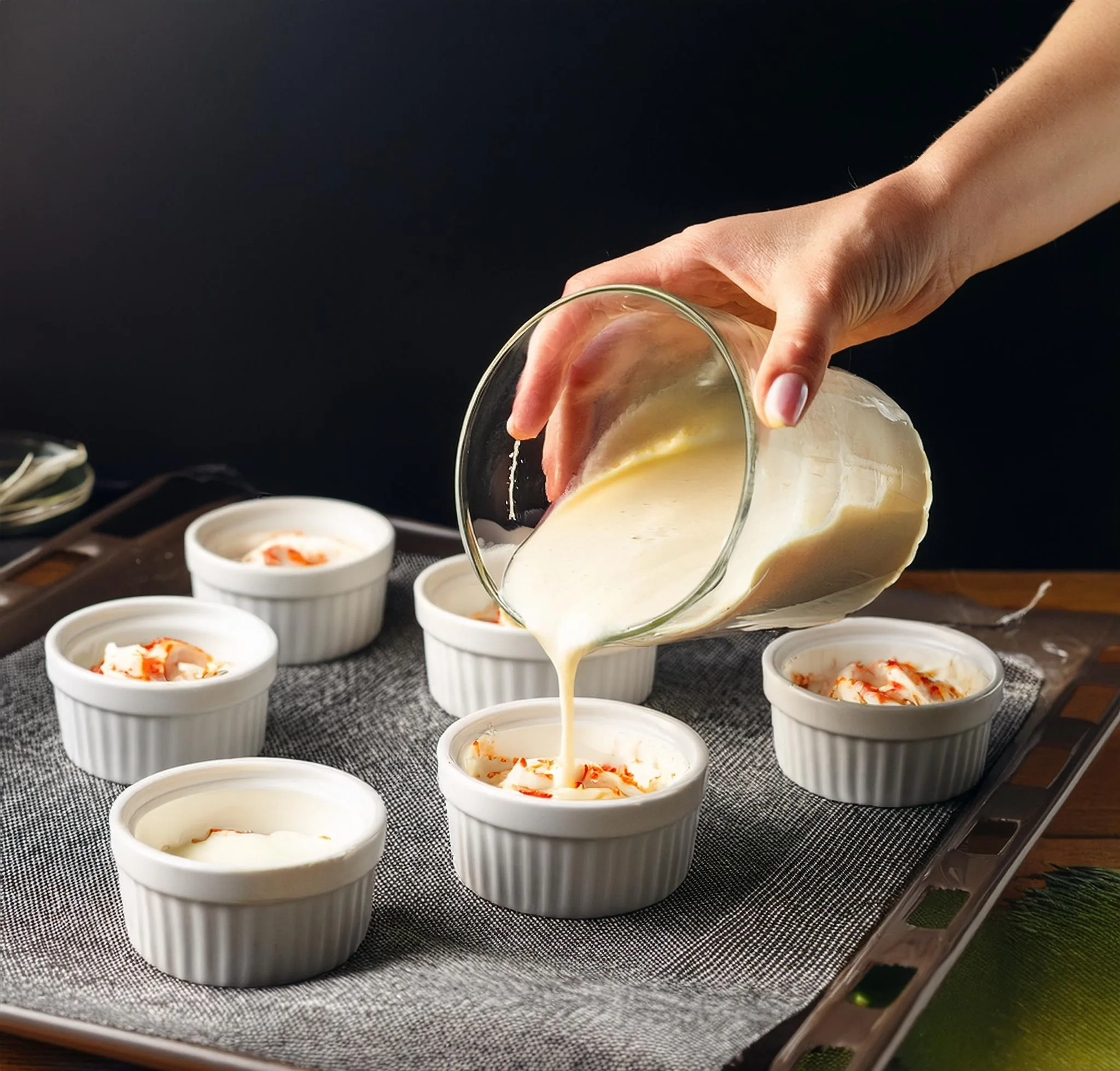 Crab Brulee Recipe: A Delicious Seafood Twist A person carefully pouring crab and cream mixture into individual white ramekins, placed on a baking sheet
