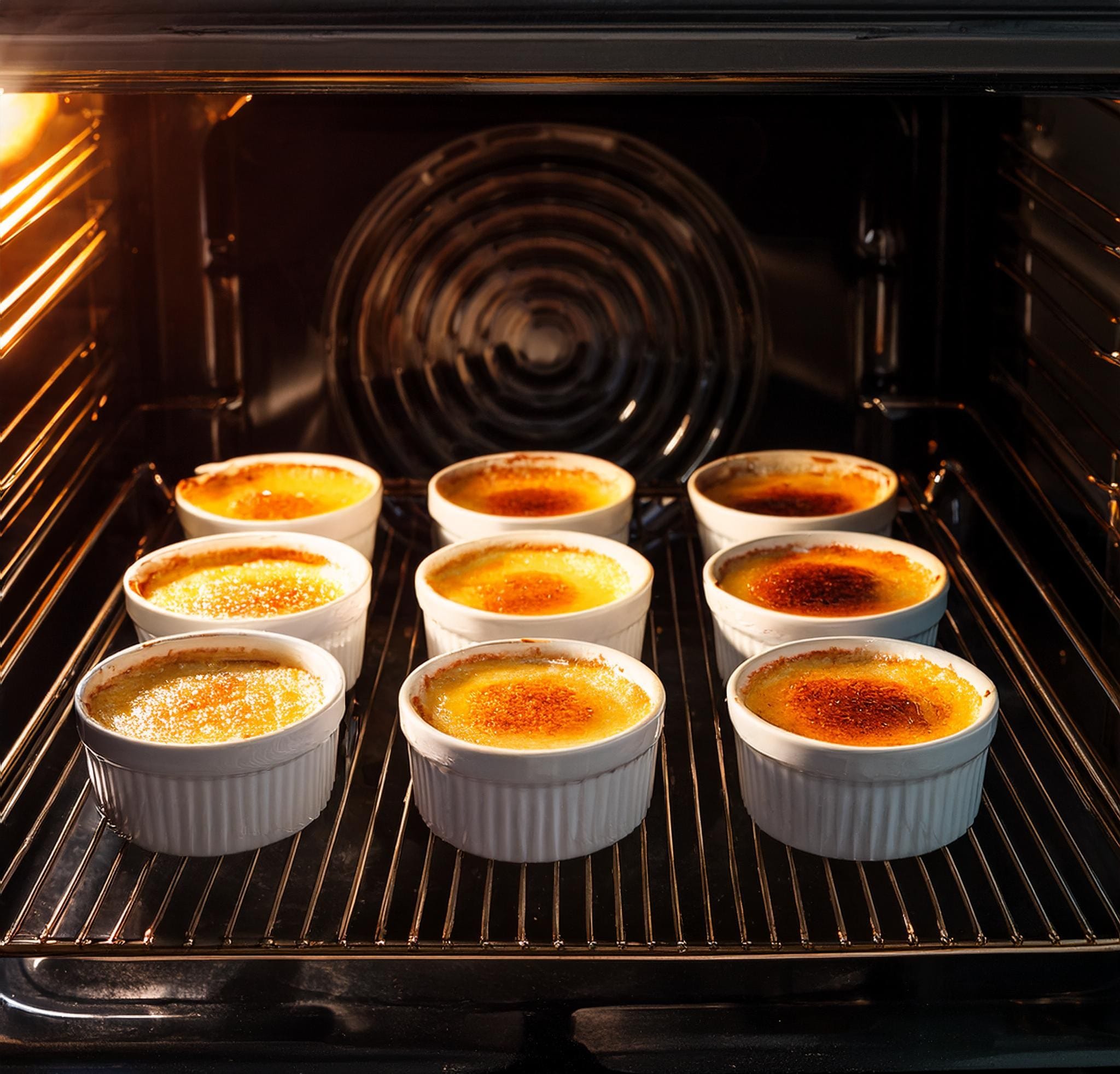 Crab Brulee Recipe: A Delicious Seafood Twist Ramekins placed in the center of the oven, with the oven door open and light illuminating the brulees as they bake