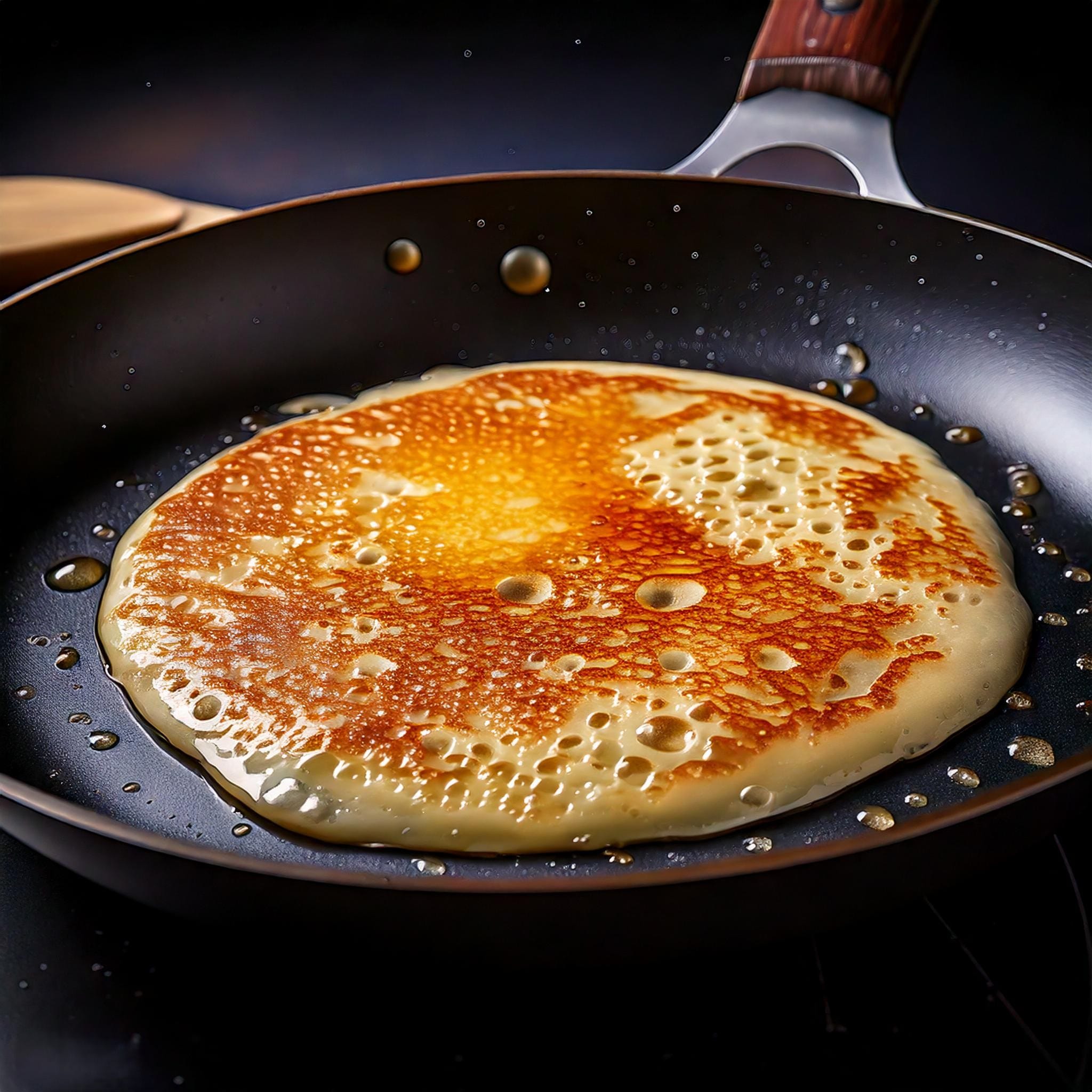 Lemon Poppy Seed Pancakes Recipe A close up of a non stick skillet with pancake batter sizzling on it bubbles forming on the surface and a spatula ready to flip