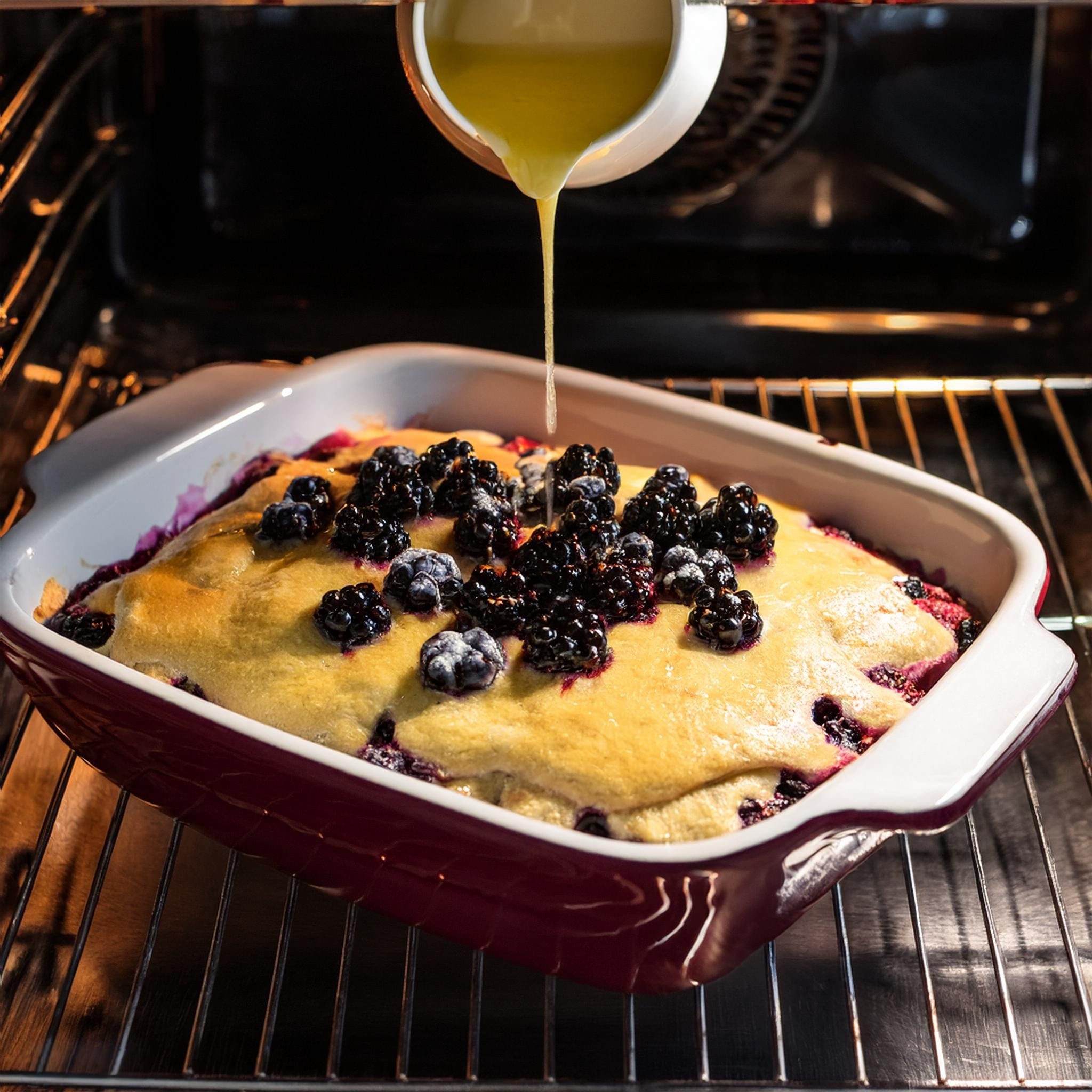 Baking Mix Blackberry Cobbler Recipe A close-up of the Baking Mix Blackberry Cobbler dish in the oven, with melted butter being drizzled over the batter and berries