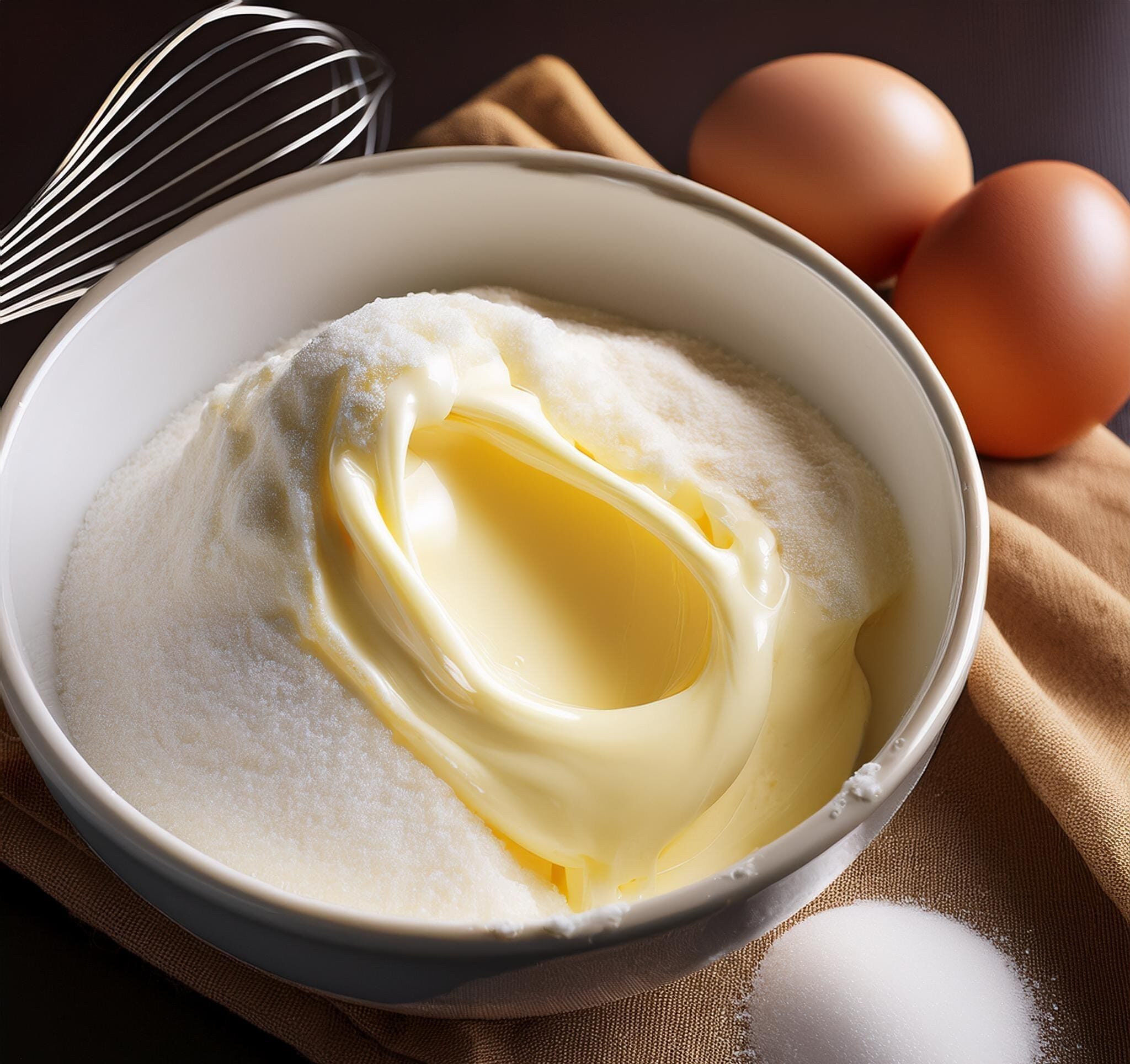 Classic Banana Bread Recipe A close-up photo of butter and sugar being whisked together until creamy, with an egg and vanilla extract nearby