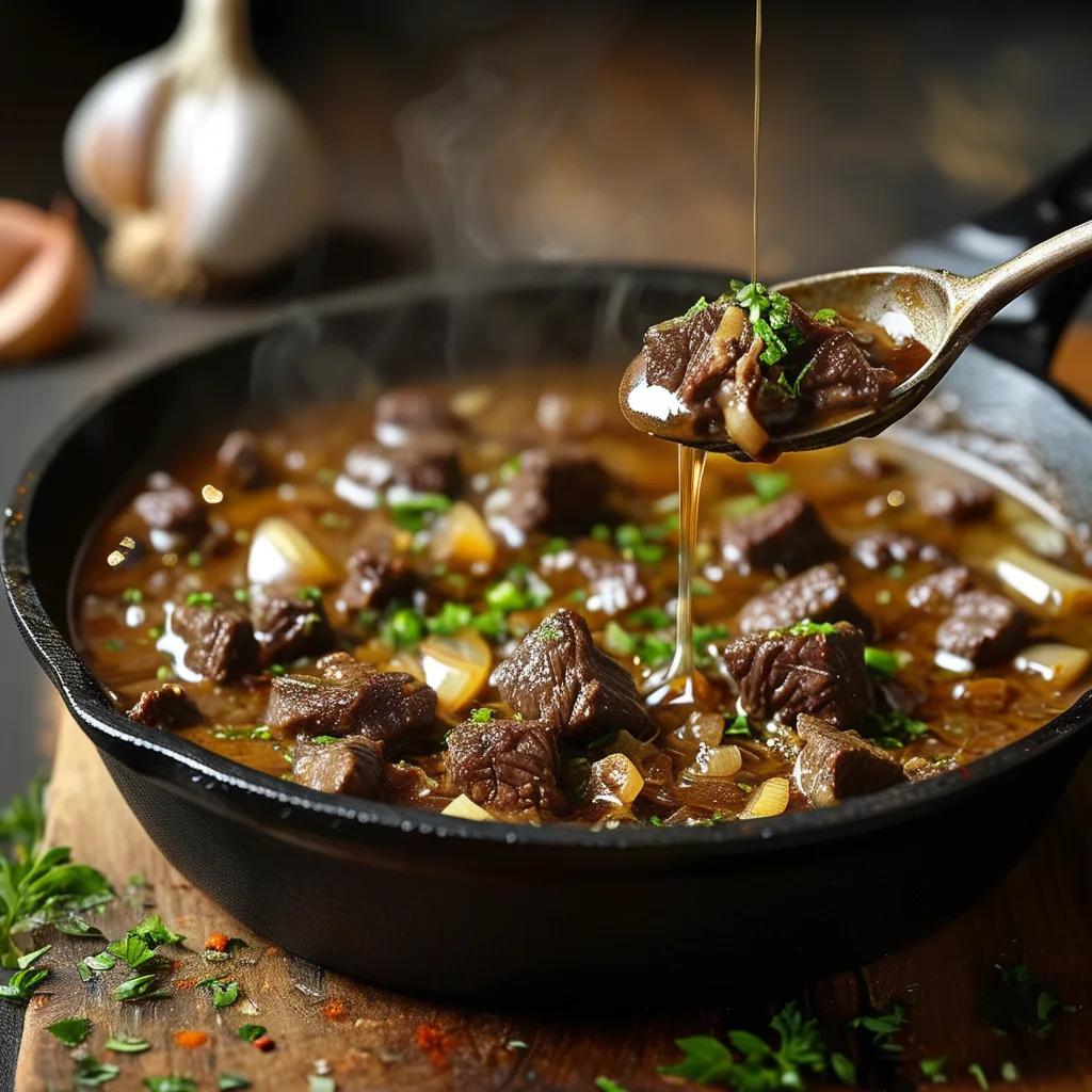 Cowboy Soup Recipe A close-up photo of garlic and spices being added to the browned beef and onion mixture in the pot