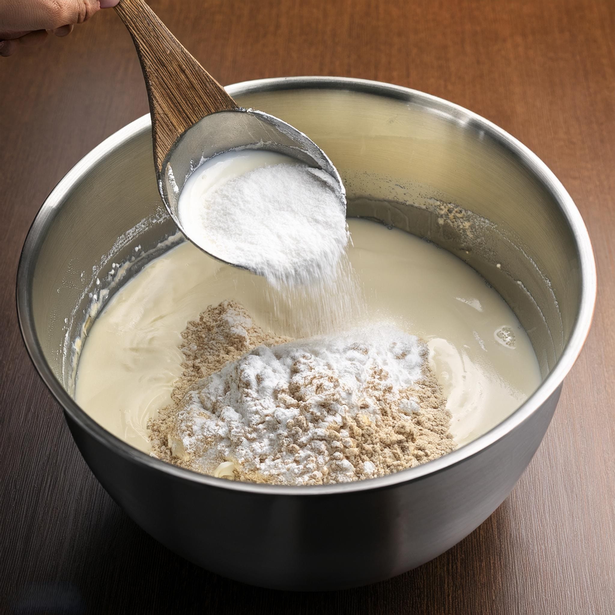 Baking Mix Blackberry Cobbler Recipe A photo of a large mixing bowl with baking mix milk and sugar being stirred with a spatula until smooth
