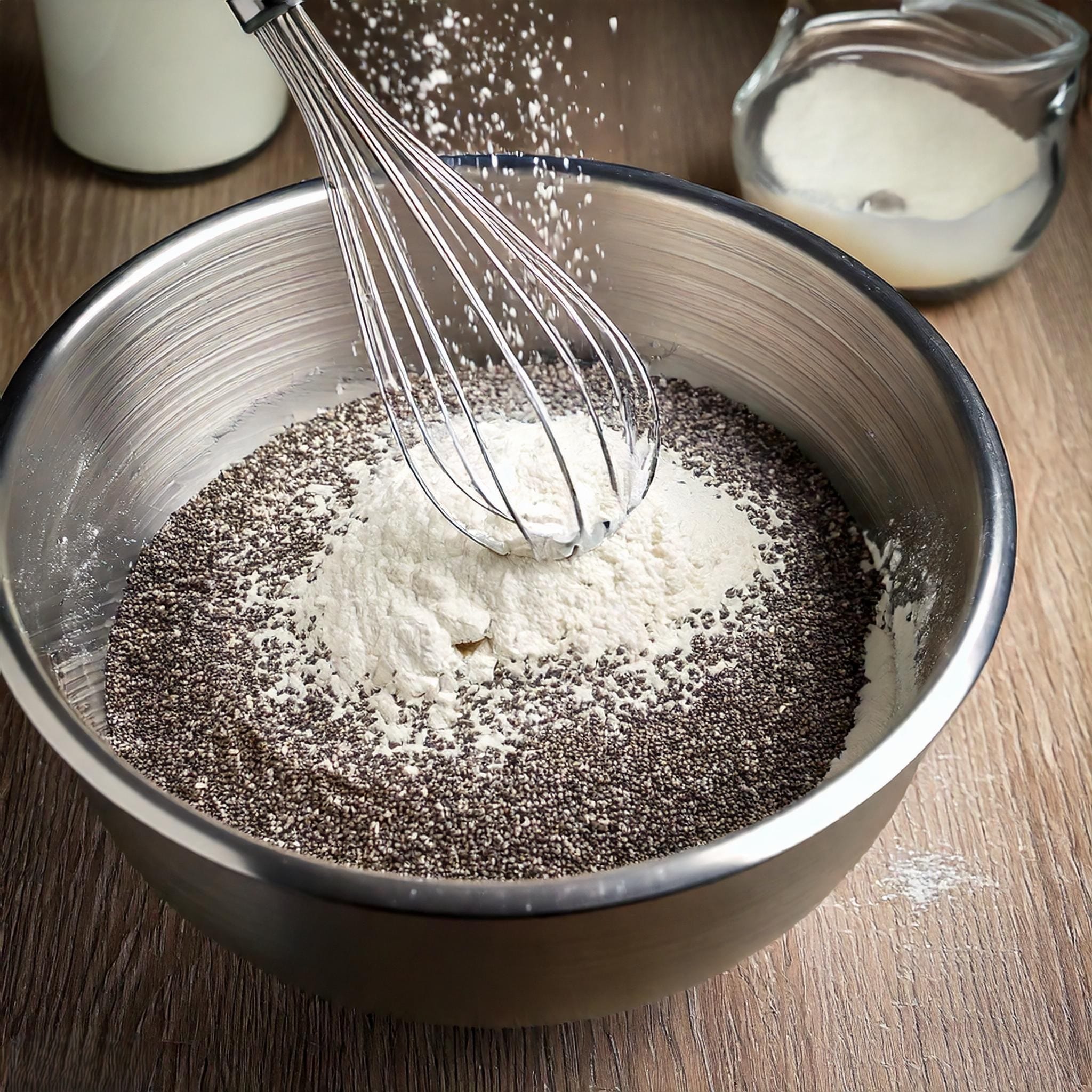 Lemon Poppy Seed Pancakes Recipe A photo of a large mixing bowl with flour sugar poppy seeds baking powder baking soda and salt being whisked together