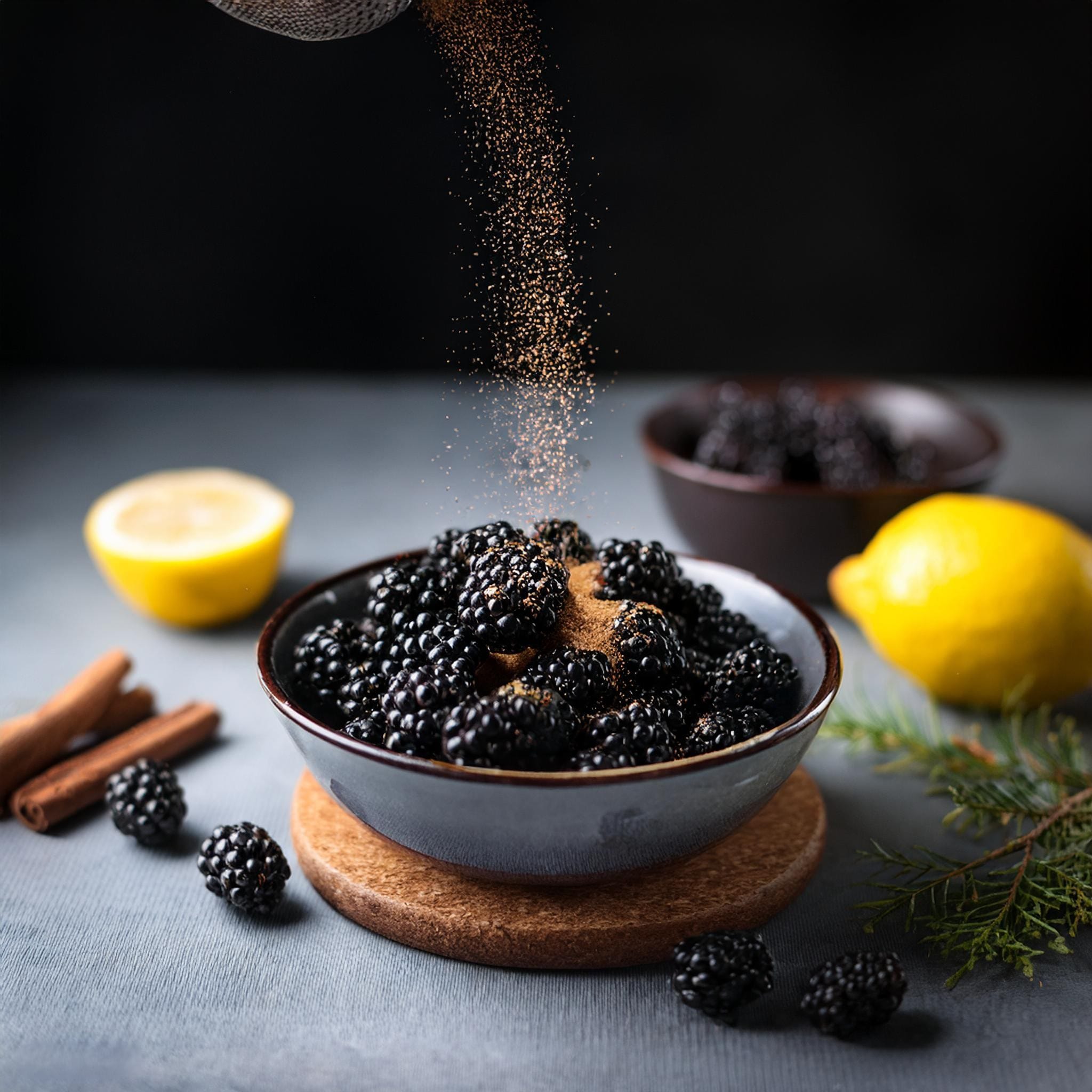 Baking Mix Blackberry Cobbler Recipe A photo of a small bowl with fresh blackberries being gently tossed with lemon juice and a sprinkle of ground cinnamon