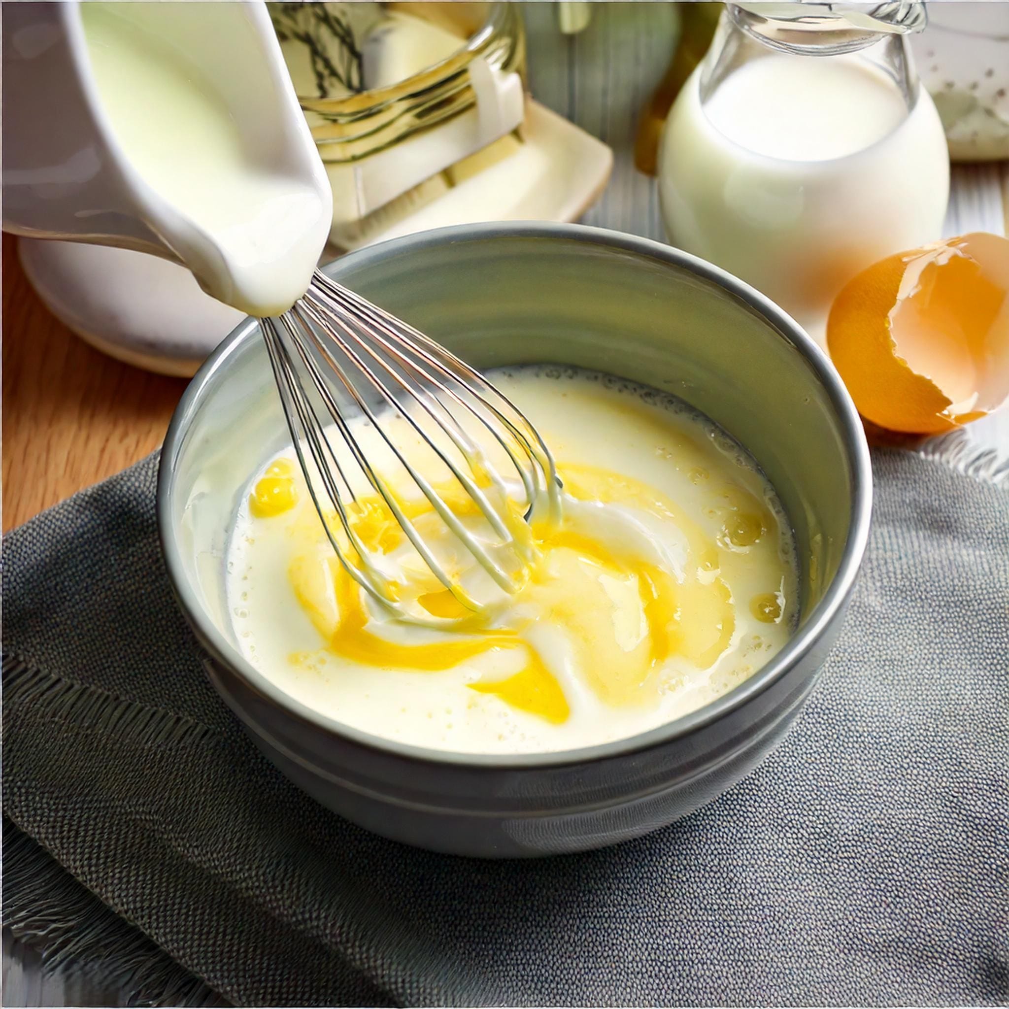Lemon Poppy Seed Pancakes Recipe A photo of a smaller bowl with buttermilk milk lemon juice lemon zest egg and melted butter being whisked together