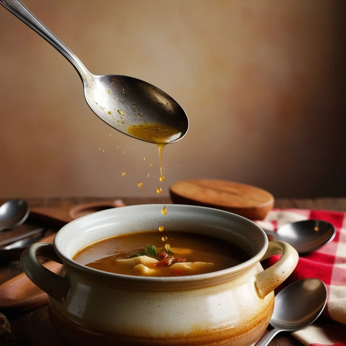 Cowboy Soup Recipe A photo of a spoon tasting the soup, with a hand sprinkling additional seasoning into the pot