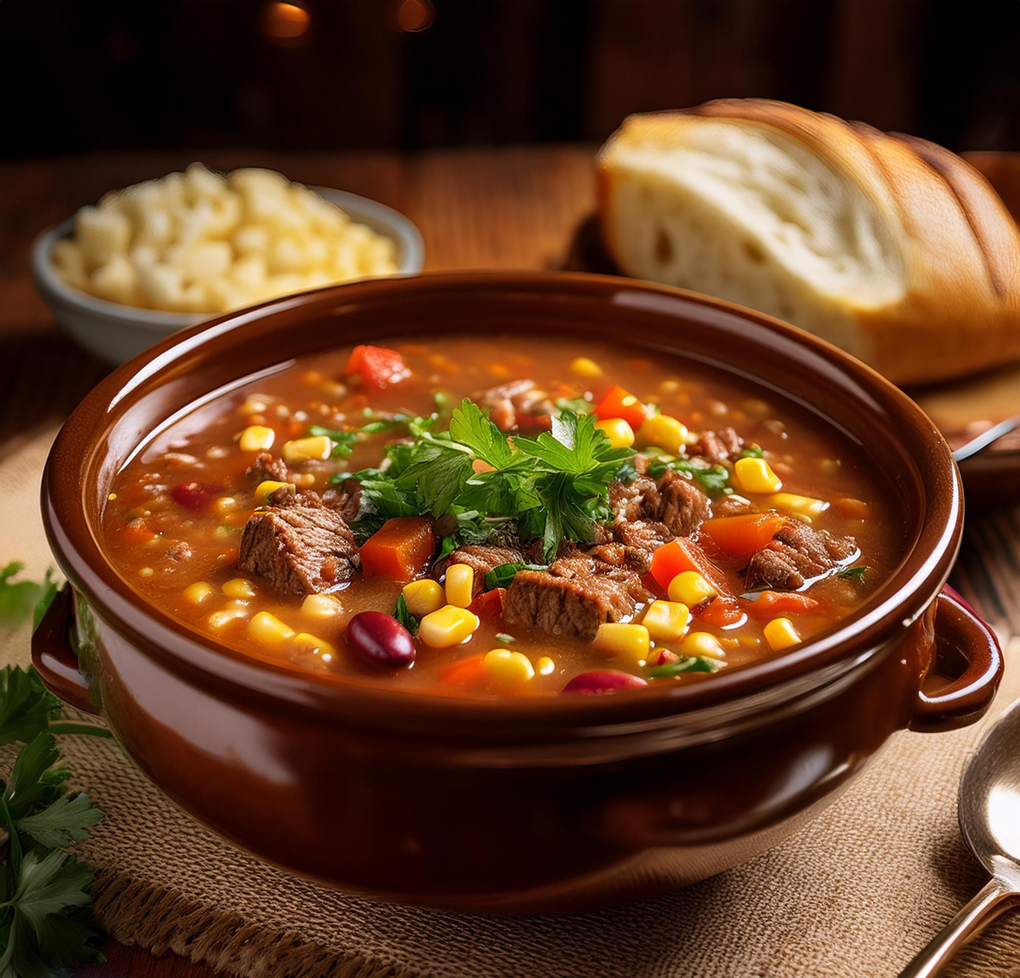 Cowboy Soup Recipe A photo of a steaming bowl of Cowboy Soup being ladled into a bowl and served with fresh bread