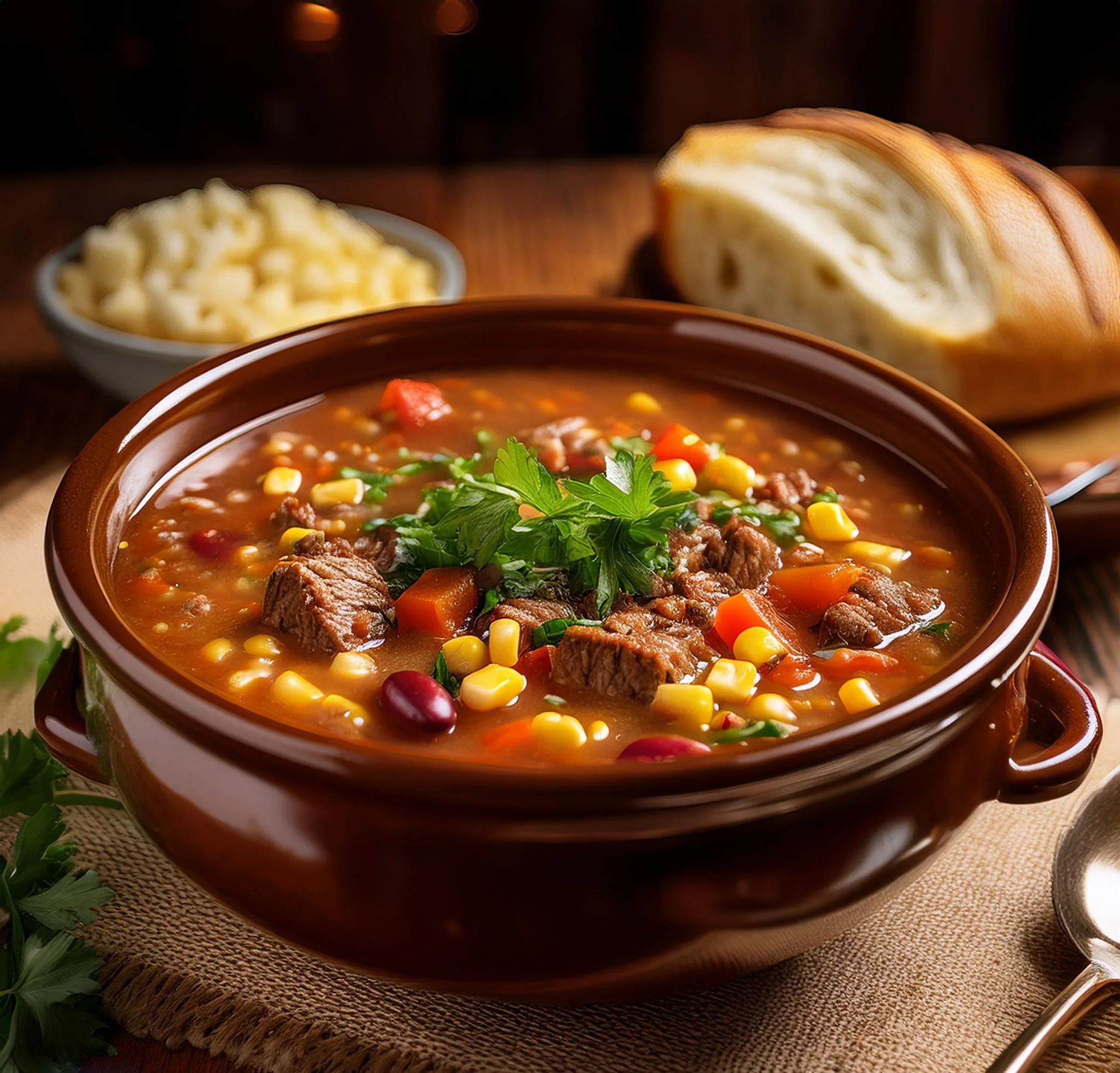 Cowboy Soup Recipe A photo of a steaming bowl of Cowboy Soup being ladled into a bowl and served with fresh bread