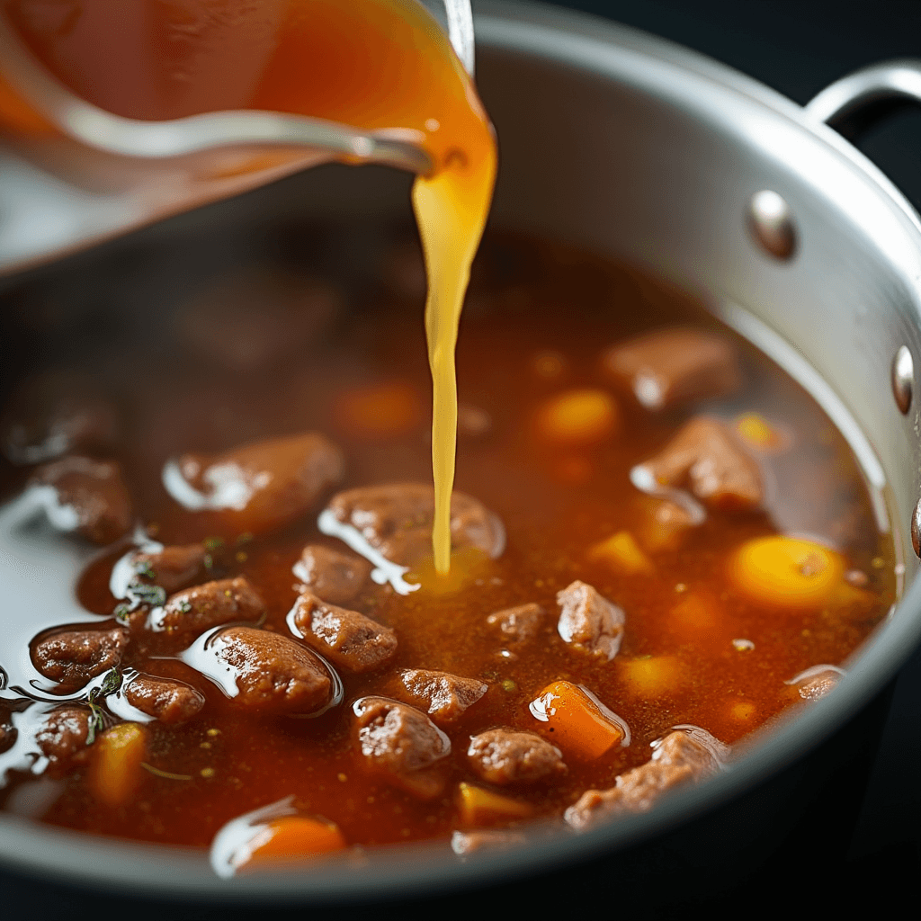 Cowboy Soup Recipe A photo of beef broth being poured into the pot, with all the ingredients beginning to simmer.