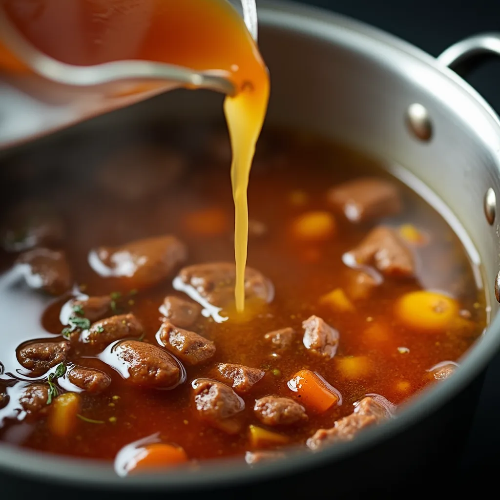 Cowboy Soup Recipe A photo of beef broth being poured into the pot, with all the ingredients beginning to simmer.