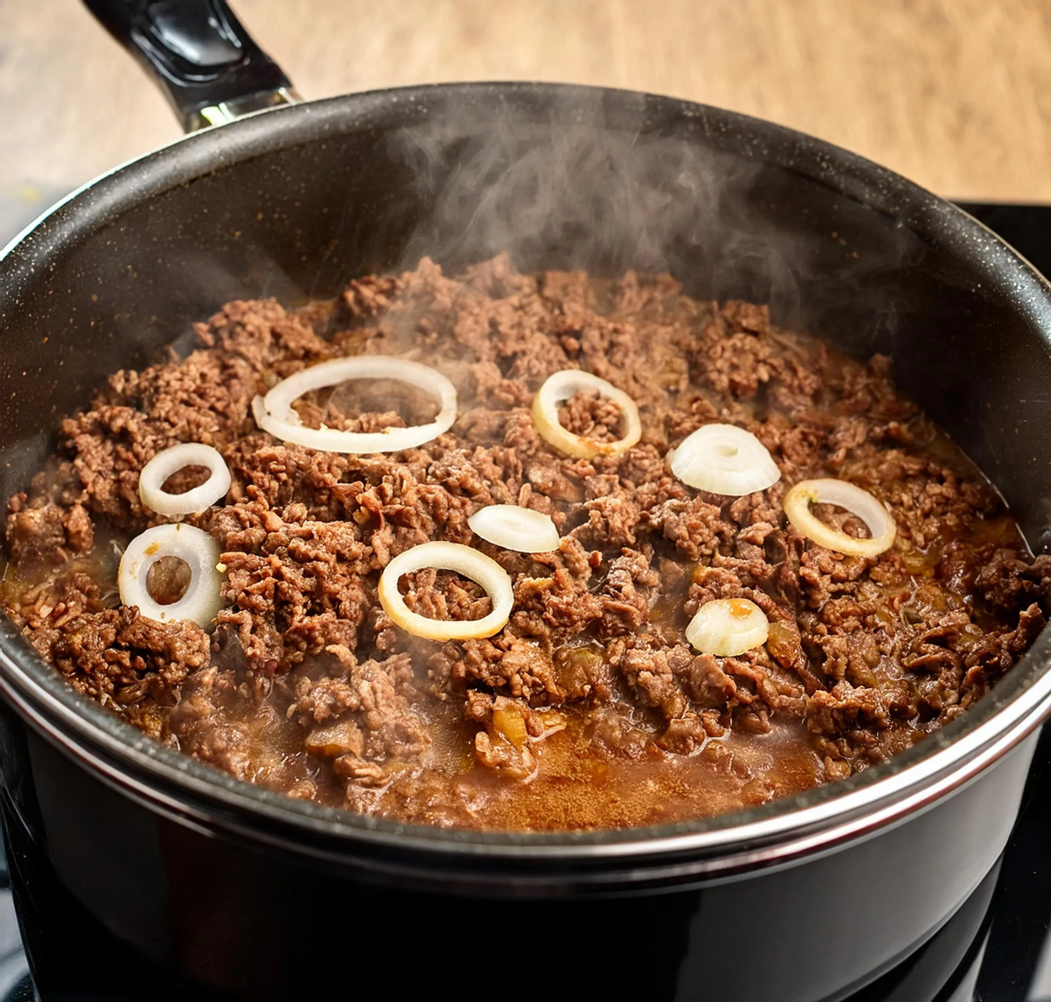 Cowboy Soup Recipe A photo of ground beef and onions sizzling in a large soup pot, with steam rising and the meat browning evenly