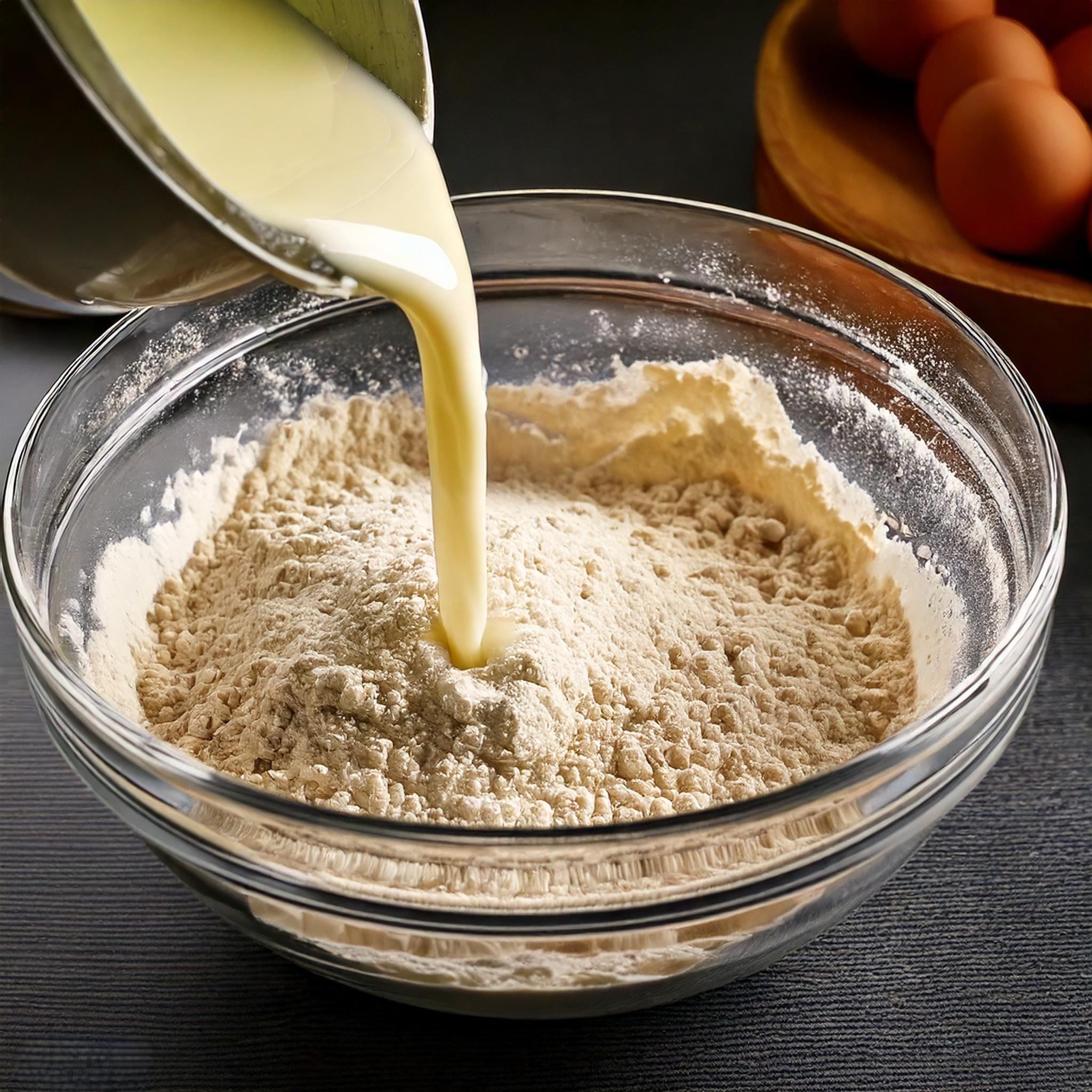 Lemon Poppy Seed Pancakes Recipe A photo of the wet mixture being poured into the bowl of dry ingredients with a spatula gently folding the