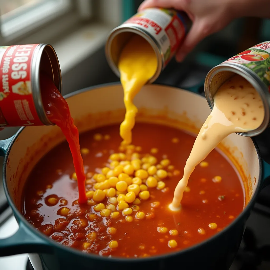 Cowboy Soup Recipe A photo showing cans of tomatoes, corn, and beans being poured into the pot, with the soup beginning to come together