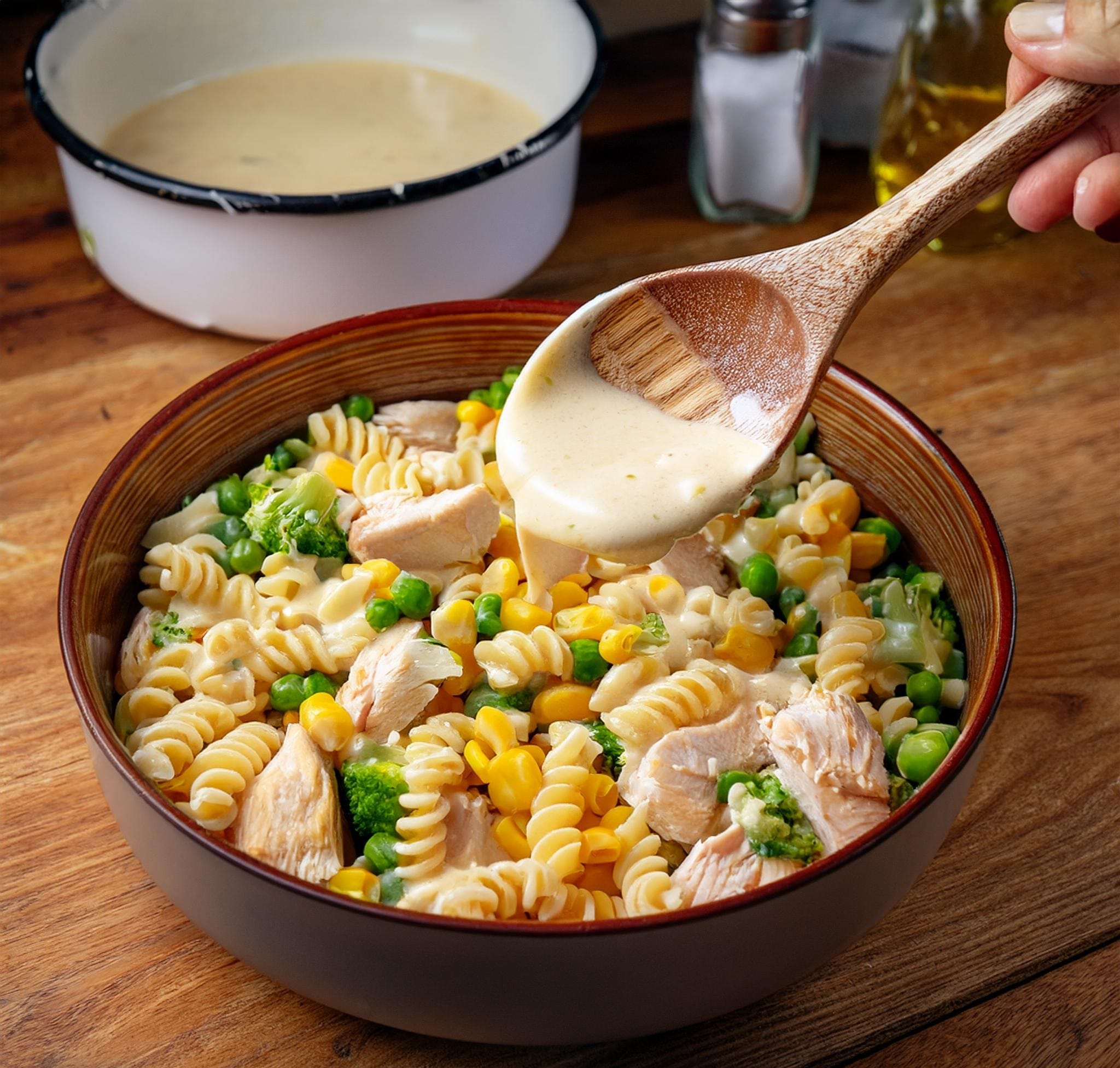 Chicken Pot Pie Pasta Bake Recipe Mixing the Ingredients